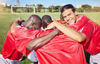 Buy stock photo Soccer, fitness and team in a huddle for motivation, goals and group mission on a soccer field for a sports game. Smile, team building and football players planning a strategy, targets and vision 