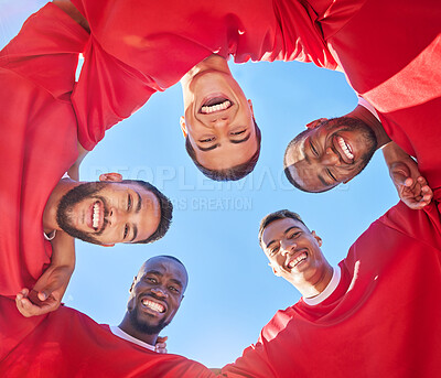 Buy stock photo Team, soccer and men huddle portrait excited for match day with motivation and smile together. Diversity, football and teamwork with happy athlete guys at game competition with low angle.

