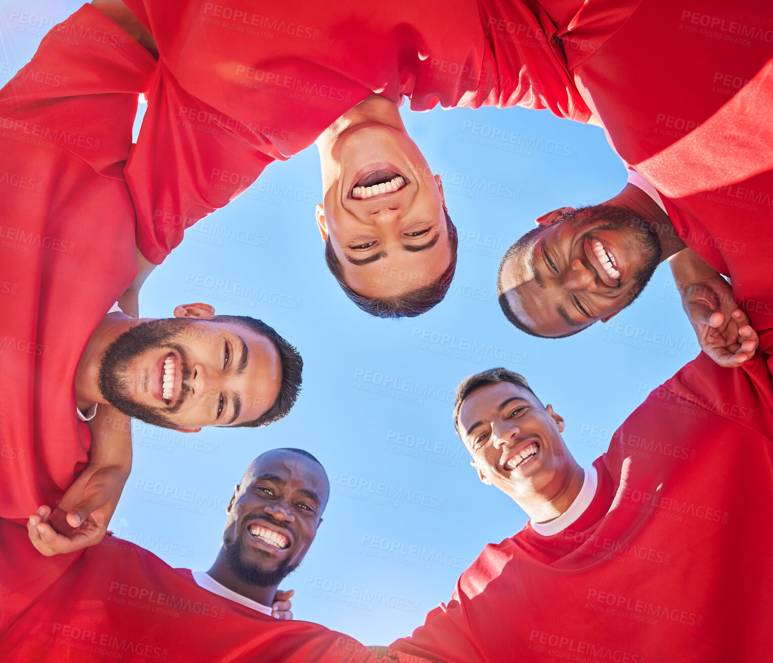 Buy stock photo Team, soccer and men huddle portrait excited for match day with motivation and smile together. Diversity, football and teamwork with happy athlete guys at game competition with low angle.

