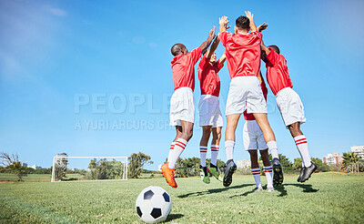 Buy stock photo Soccer, sports and motivation with a team jumping on a grass pitch or field during training or practice. Fitness, football and exercise with an athlete group celebrating together during a workout