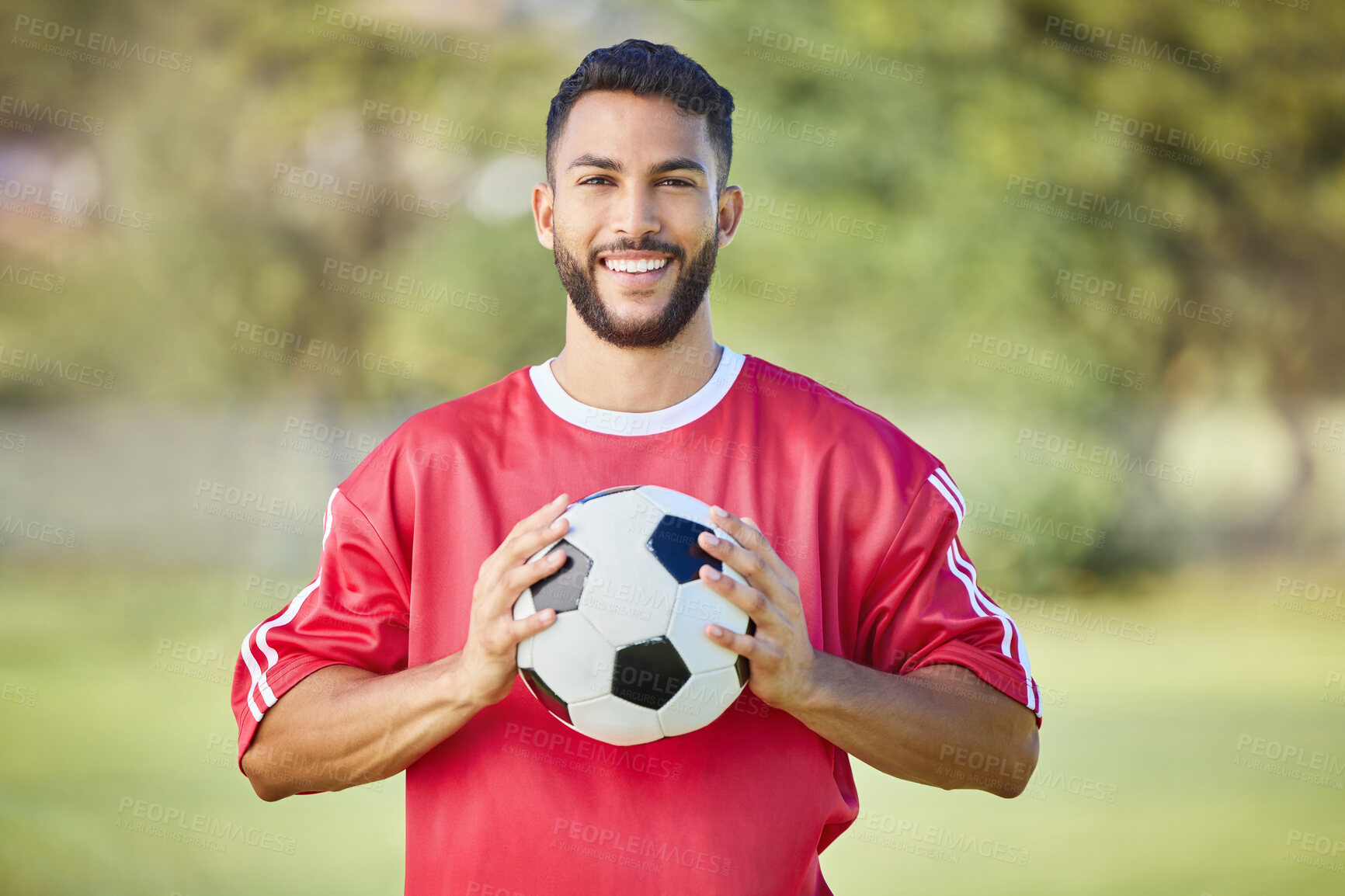 Buy stock photo Sports man, soccer player and soccer field training with a soccer ball, happy and relax before fitness workout. Football, football player and sport portrait of excited player ready for game