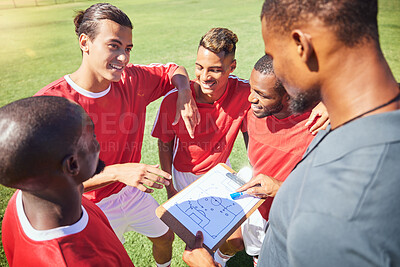 Buy stock photo Soccer, team and coaching with strategy, paper and formation with talking, communication and planning. Men football group, coach and clipboard with game instruction on sport pitch or field together 
