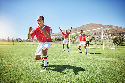 Buy stock photo Man, soccer and team winner in celebration for sports victory, score or goal on the field in the outdoors. Happy male football player celebrating win, teamwork or achievement in sport fitness outside