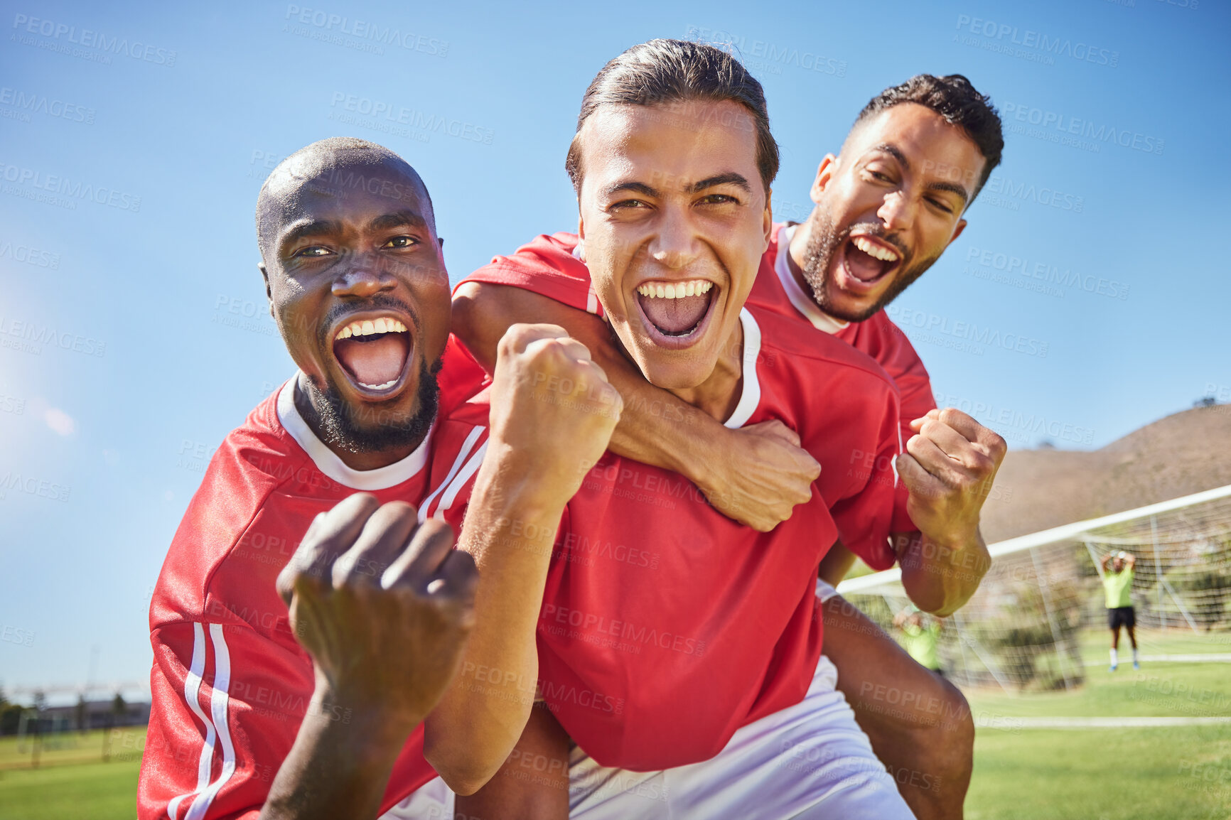 Buy stock photo Soccer, team and winner for celebrate game, happy and smile being proud, confident and on field in sportswear. Teamwork, football and victory players doing sports, winning or workout together outdoor