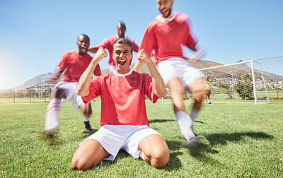 Buy stock photo Man, soccer and team winner in celebration for sports victory, score or goal on the field outdoors. Happy male football players celebrating win, teamwork or achievement together in fitness on grass