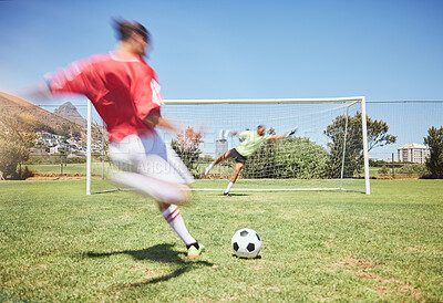 Buy stock photo Football, goals and kick with man on field and training for sports, fitness and games competition. Soccer player, target or action with man and exercise on grass park for health, summer or workout