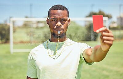 Buy stock photo Red card, soccer referee and whistle for warning, decision and wrong action, foul or penalty on sports field pitch. Football umpire, black man portrait and judge caution soccer player error with sign