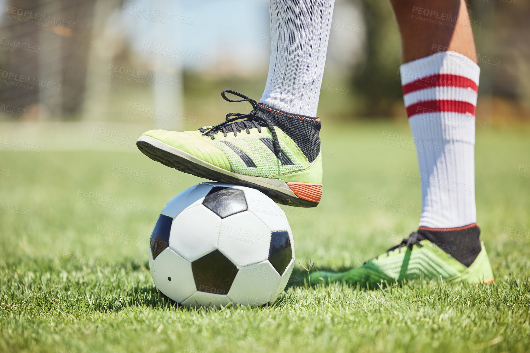 Buy stock photo Soccer ball, soccer player shoes and foot on field to kick off, competition games and sports training on stadium grass pitch. Football player feet, man athlete action and power to score goals on turf