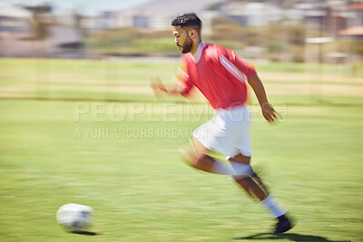 Buy stock photo Soccer player, running and soccer ball man park training on grass pitch, sports competition or game, goals and winning score. Motion blur professional athlete, football field action or outdoor energy