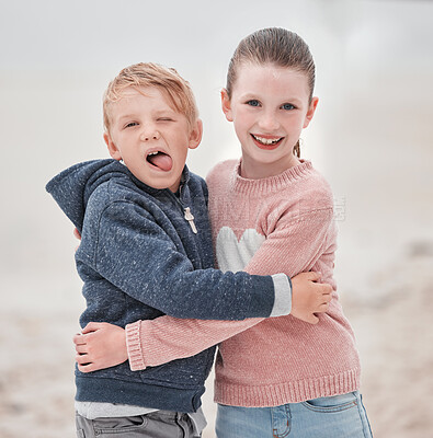 Buy stock photo Smile, brother and sister with hug, happy and embrace being cheerful, fun and laugh together on summer break. Portrait, siblings or content being silly, goofy or outdoor for play, joyful or happiness