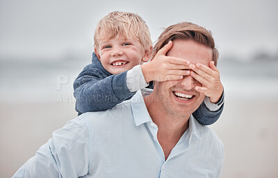Buy stock photo Father, child and hands on eyes in piggyback for playful fun, happiness or bonding together in the outdoors. Portrait smile of happy dad and kid playing in joy for back ride, free time and moments