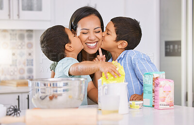 Buy stock photo Happy, mother and children kissing cheek for love, baking and mothers day celebration in the kitchen at home. Mama smile with little boys in joyful happiness, care and sweet treatment for parent