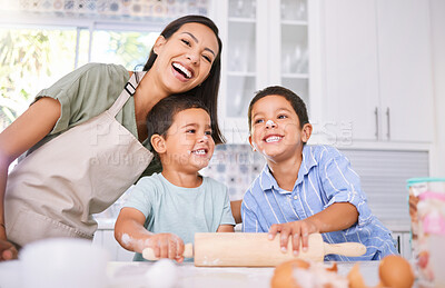 Buy stock photo cooking, happy and mother with children in kitchen for food, family and learning with rolling pin. baking, help and creative with kids chef and mom at home for health, breakfast or love together
