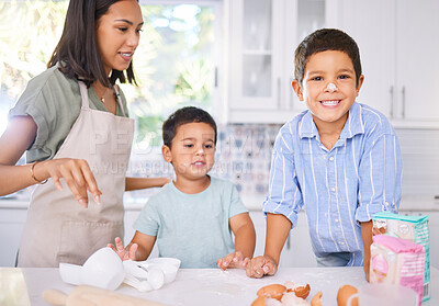 Buy stock photo Cooking, help and mother with children in kitchen for learning, breakfast or creative child development. Baking, family and happy with mom and kids with flour on nose for cake, chef and food together