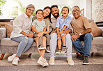 Big family, children or bonding on sofa in house or home living room with senior grandparents, mother or father. Smile, happy or multi generation family of retirement elderly, men and women with kids