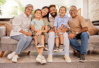 Buy stock photo Big family, children or bonding on sofa in house or home living room with senior grandparents, mother or father. Smile, happy or multi generation family of retirement elderly, men and women with kids