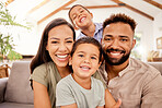 Black family, kids and sofa for portrait with smile, love and happiness in home, vacation or holiday in summer. Mom, dad and children with happy, face and bonding on couch in house in Los Angeles