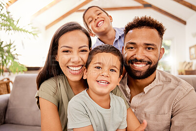 Buy stock photo Black family, kids and sofa for portrait with smile, love and happiness in home, vacation or holiday in summer. Mom, dad and children with happy, face and bonding on couch in house in Los Angeles