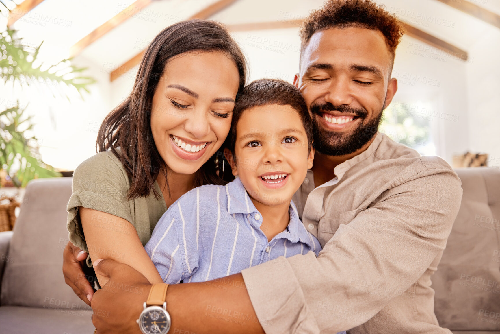 Buy stock photo Love, family and happiness, couple and child hug on sofa in living room in home. Woman, man with eyes closed and kid with smile for support, trust and hope for happy future for mother, father and son