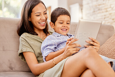 Buy stock photo Family, digital tablet and mother and son relax on sofa, bond and laugh at online game, movie or cartoon. Happy family, child and parent watching, smiling and enjoy internet streaming in living room