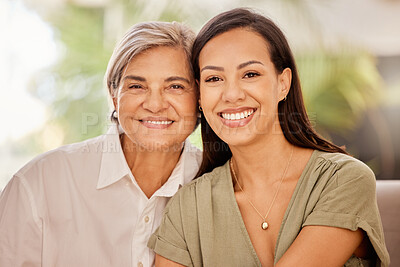 Buy stock photo Happy, mother and grandmother portrait smile for family, bonding or mothers day relax at home. Mama and grandma smiling together in generation, relationship and relaxing in happiness at the house
