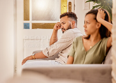 Buy stock photo Stress, anxiety and divorce couple on living room sofa in house, home and marriage counseling after fight, argument or cheating. Sad, frustrated and breakup man or woman with mental health or burnout