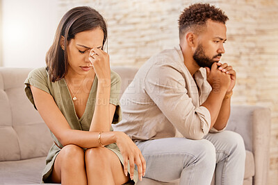 Buy stock photo Fight, divorce and depression with couple on sofa for conflict, therapy and mental health or marriage counseling. Sad, anxiety and stress with man and woman in living room for fail, crisis and angry