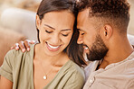 Black couple, happy and love on sofa in closeup, living room and hug for bonding, care and together. Woman, man and happiness for embrace, smile and romantic for relationship in home, house or lounge
