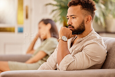 Buy stock photo Divorce, sad and fight with couple on sofa for therapy, counselling and depression with conflict. Drama, fail and angry with man and woman in living room at home for fear, frustrated and decision