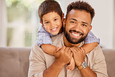 Buy stock photo Family, portrait and father with son on a sofa, happy and relax in a living room together. Happy family, trust and love with child and parent hug, love and enjoy quality time in their home together
