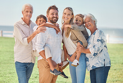 Buy stock photo Love, family or portrait in park with grandparents and children for summer, outdoor holiday or wellness. Happy big family, senior man and woman with mom, dad and kids in nature in summer on vacation 