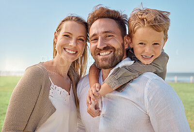 Buy stock photo Park, portrait and happy family love being in nature outdoors to enjoy summer holidays, vacation or weekend. Excited child hugging or piggy backing on a healthy father by his relaxed mother in Sydney