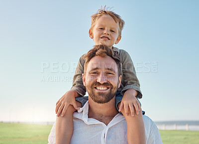 Buy stock photo Family, father and child with smile at nature park for fun, relax and freedom with a blue sky. Portrait of happy man and playful boy kid outdoor for love, piggyback and bonding on a summer vacation