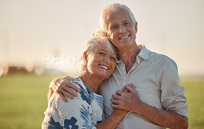 Buy stock photo Senior couple smile and happy with love outdoor at a forest, care and hug. Elderly man and woman portrait, happiness and peaceful day in nature, enjoying retirement and healthy relationship on field