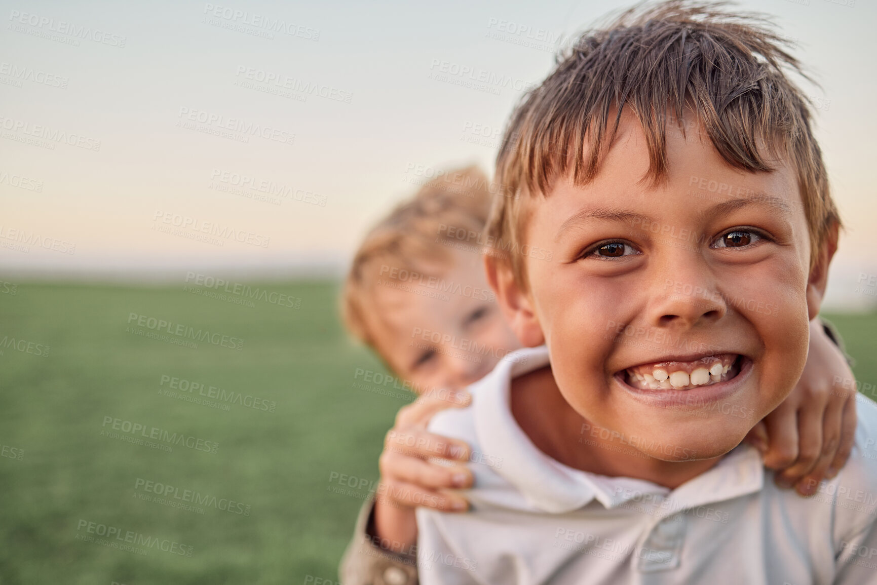 Buy stock photo Friends, brothers and a smile, portrait in a field of happy boys having fun and playing in a park. Freedom, selfie and elementary schools children play and hug outside together on summer holiday.