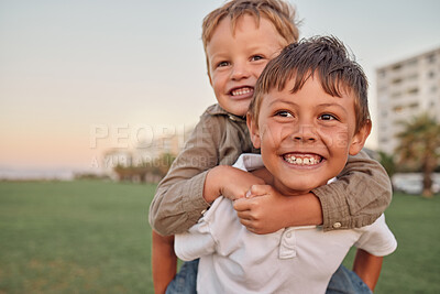 Buy stock photo Happy, smile and portrait of brothers with piggyback ride playing in a park together on vacation. Happiness, excited and children bonding in nature while on a summer holiday adventure in Australia.
