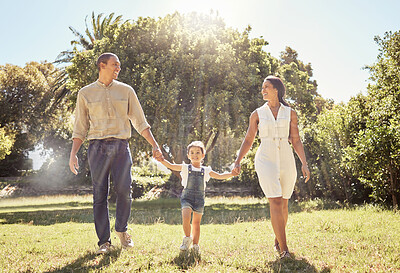 Buy stock photo Portrait of happy family, park and walk holding hands bonding together on summer vacation outdoors. Fun mother, relax father and excited young child walking enjoying time or nature adventure activity