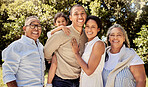 Big family, hug and portrait smile in nature for fun quality bonding time in summer vacation in the outdoors. Mother, father and kid with grandparents smiling together in joy for family trip or park