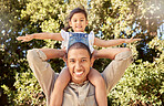 Girl child on shoulder of father, forest adventure with trees 
or happy family portrait in San Francisco. Holiday in woods park, young children love nature in summer or daughter trust dad with smile