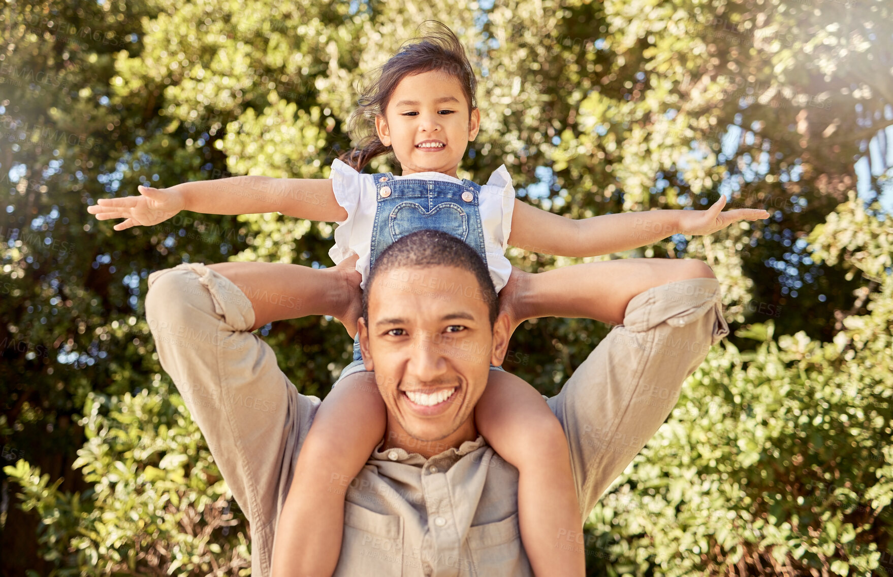 Buy stock photo Girl child on shoulder of father, forest adventure with trees 
or happy family portrait in San Francisco. Holiday in woods park, young children love nature in summer or daughter trust dad with smile