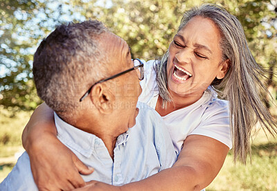 Buy stock photo Woman, senior man and surprise in park, shocked and excited hug in outdoor garden on summer holiday weekend. Love, retirement and nature, a happy elderly couple embrace with grass, smile and trees.