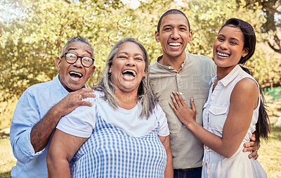 Buy stock photo Happy family, laughing and relax at a park together with couple bonding with senior parents in nature. Love, family and reunion in a forest with portrait of laughing people enjoying quality time
