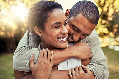 Buy stock photo Love, black couple and hug being happy with smile, relax and being confident for marriage, relationship and together outdoor. Romance, man and woman enjoy holiday, embrace and holding for anniversary