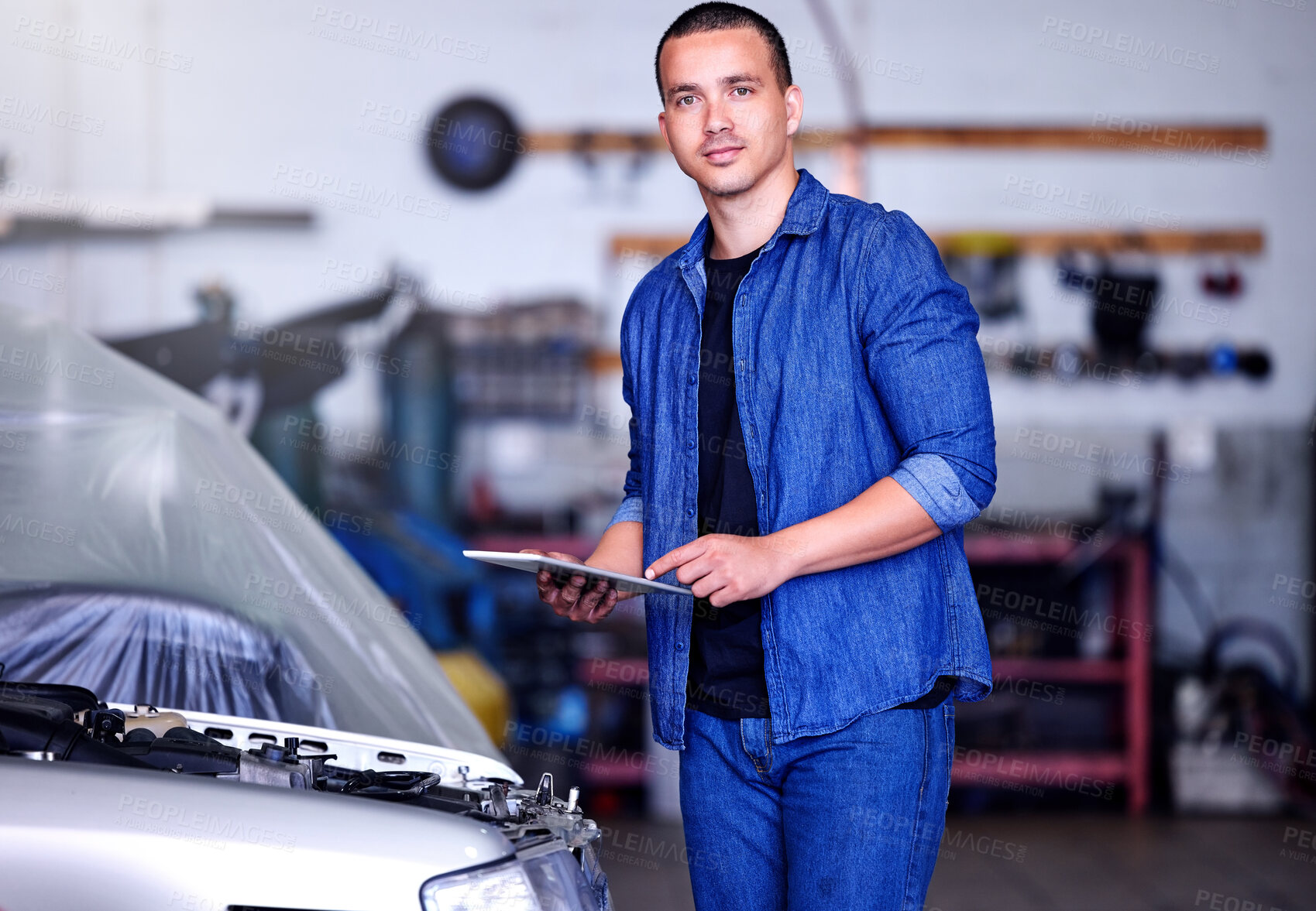 Buy stock photo Car, clipboard and portrait of a mechanic at his workshop doing a motor inspection with a checklist. Engineering, industrial and man working on vehicle for engine maintenance, repair or fix in garage