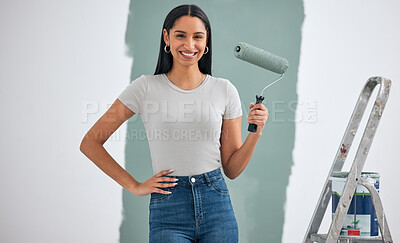 Buy stock photo Home renovation, green paint or woman painting for room interior wall or creative maintenance project. DIY, roller or girl holding paintbrush for inspiration, construction or design motivation