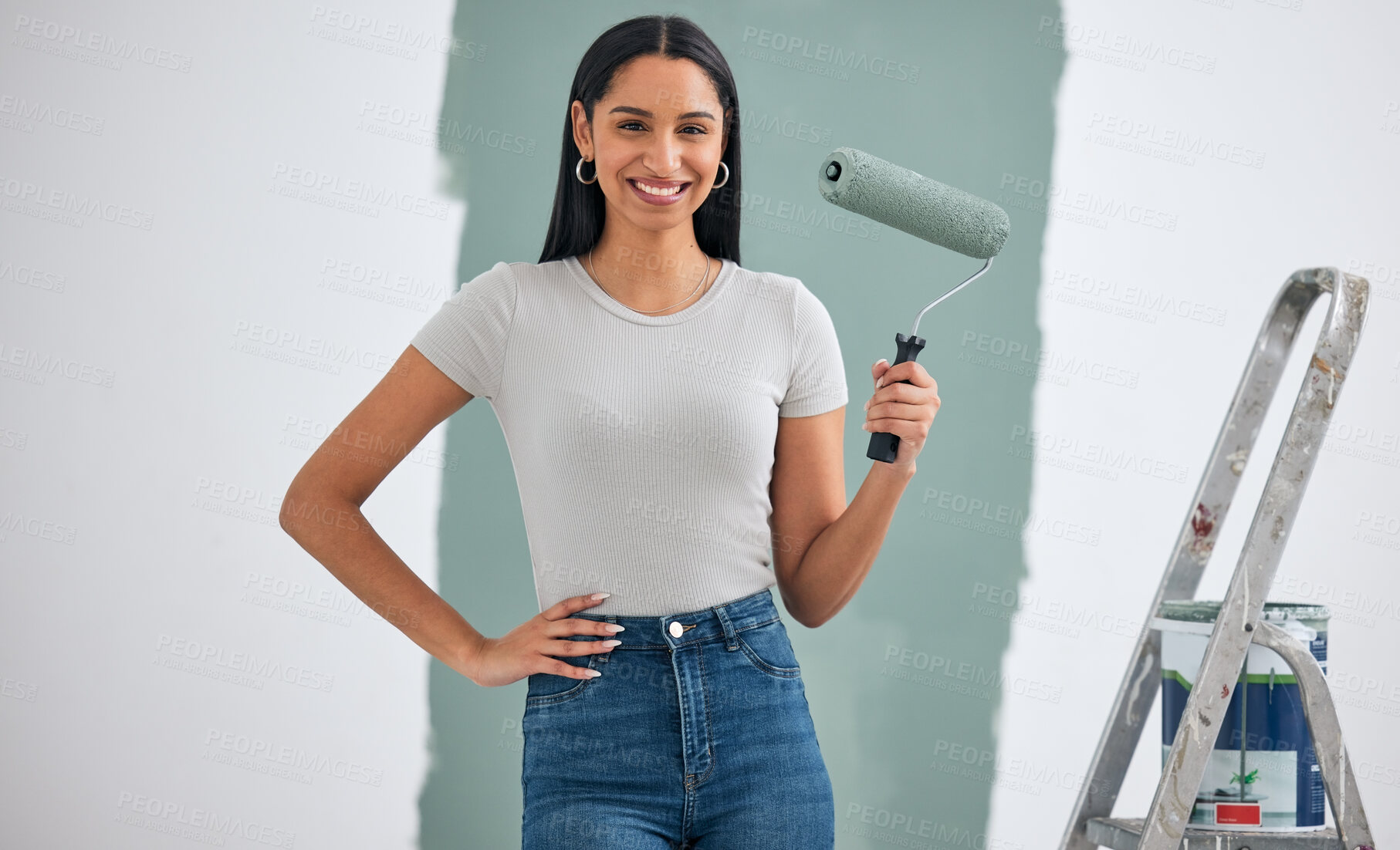 Buy stock photo Home renovation, green paint or woman painting for room interior wall or creative maintenance project. DIY, roller or girl holding paintbrush for inspiration, construction or design motivation