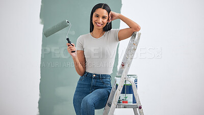 Buy stock photo Paint, wall and woman with color choice in portrait for home renovation, room interior or creative hardware project inspiration. Happy woman painter on ladder for painting with mock up marketing