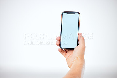 Buy stock photo Mockup screen, marketing and hand with phone for branding, advertising and online website against a white background. Mobile with mock up space for communication, information and app on the internet