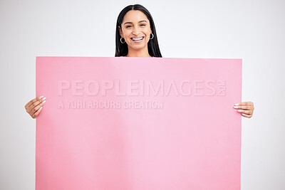 Buy stock photo Woman, empty banner and blank poster in pink for mock up advertising and marketing sign for logo promotion deal and product placement. Girl happy with paper, billboard and branding space on board