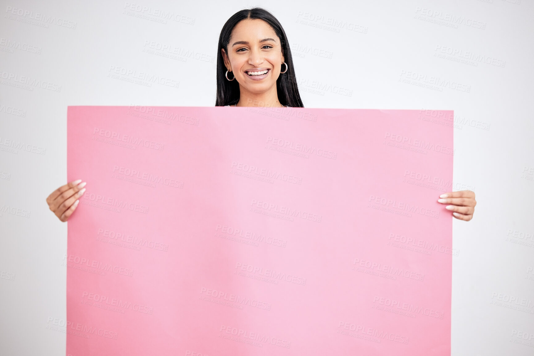 Buy stock photo Woman, empty banner and blank poster in pink for mock up advertising and marketing sign for logo promotion deal and product placement. Girl happy with paper, billboard and branding space on board